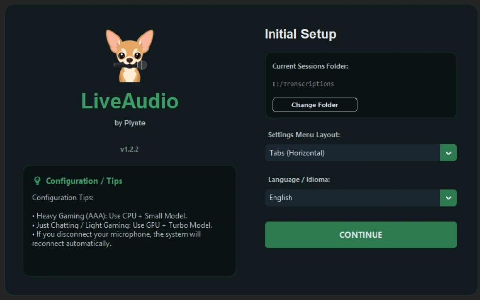 Captura de LiveAudio con la interfaz de transcripción de audio en tiempo real