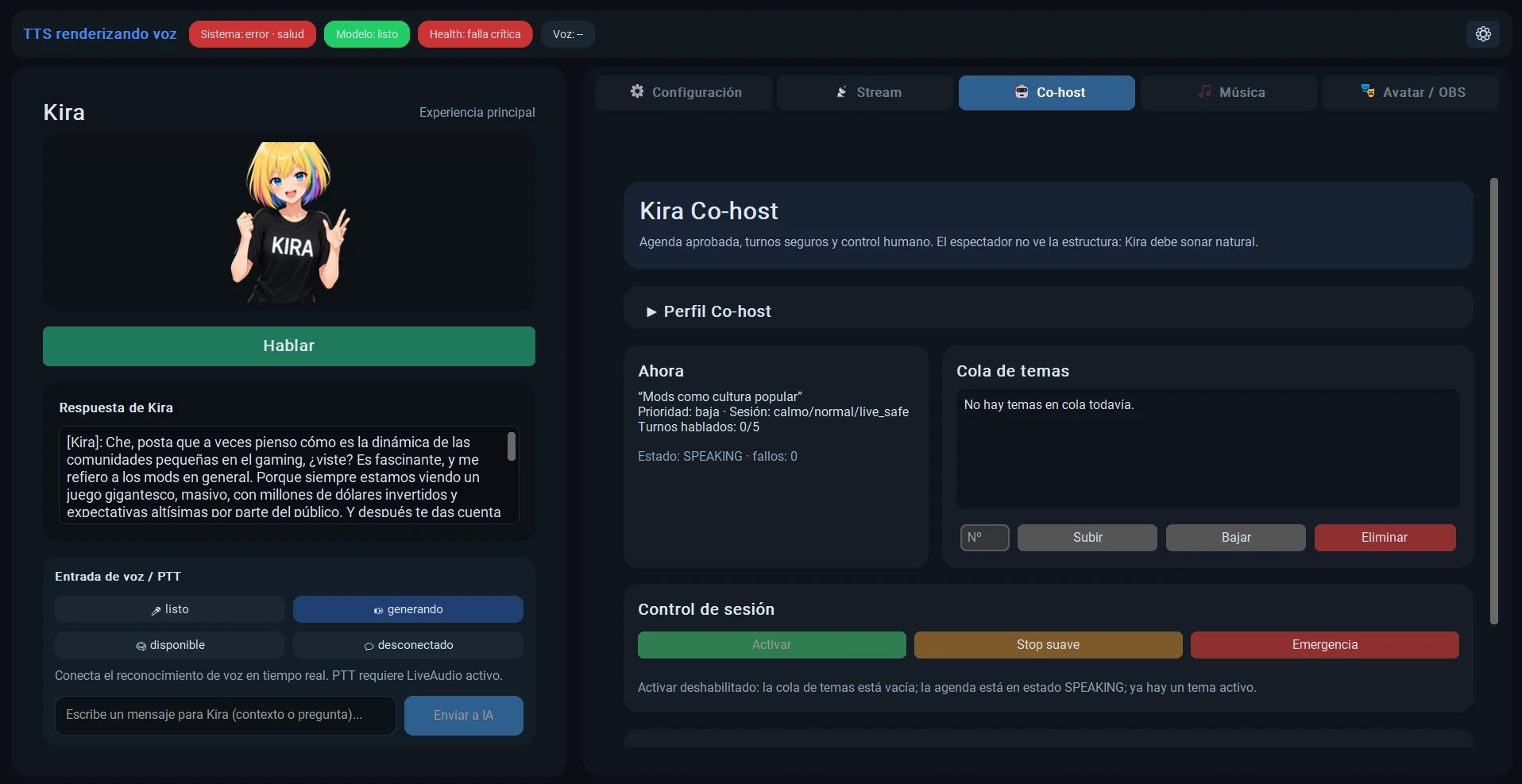 Captura de OpenCohost con una interfaz de escritorio basada en CustomTkinter