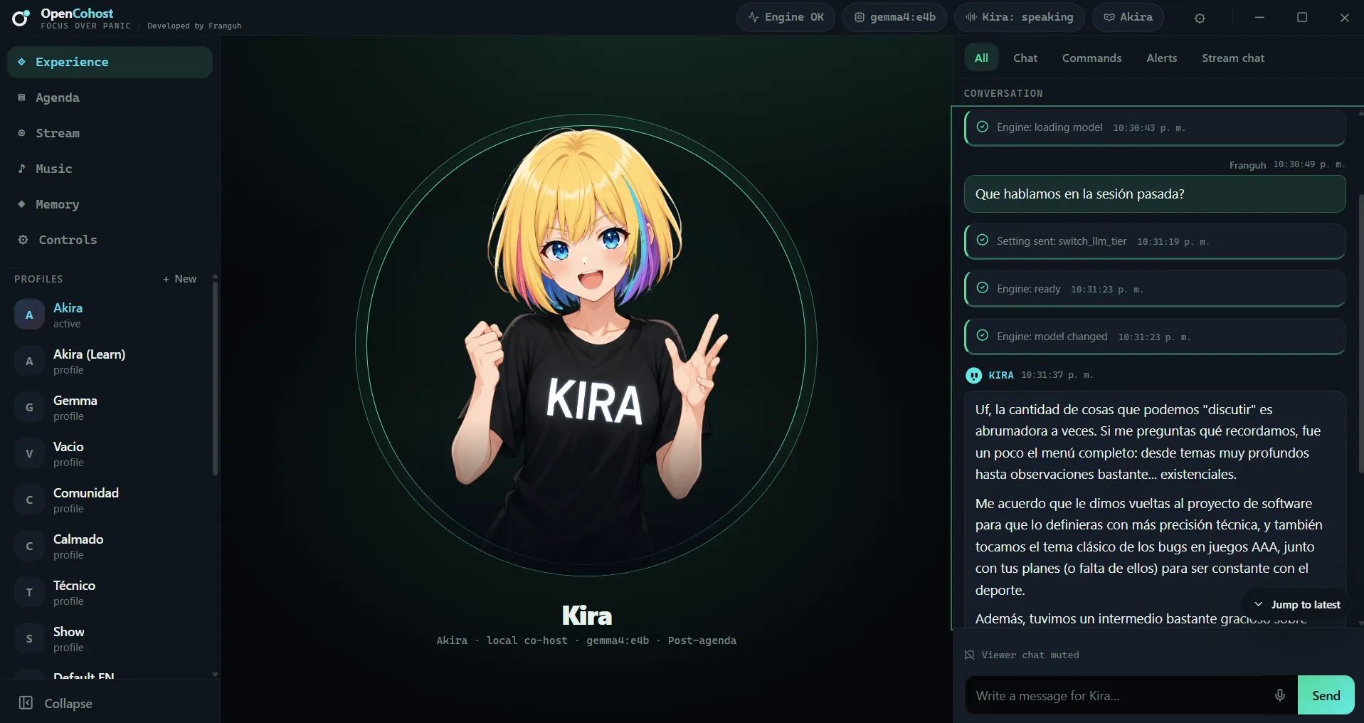 Captura de OpenCohost en Tauri con Kira hablando y el chat de la sesión visible